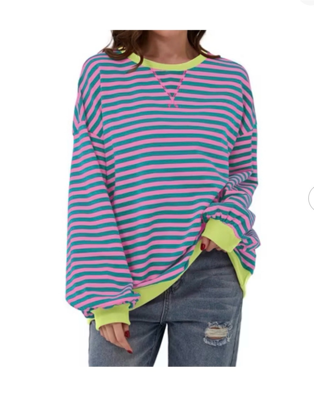 Women Striped Neon Trim Pullover Sweatshirt - Pink & Teal XL